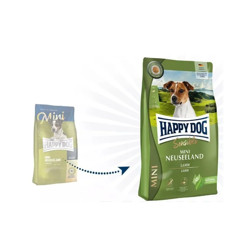 Happy Dog Mini Neuseeland visavertis pašaras mažų veislių suaugusiems šunims su ėriena ir ryžiais, 10 kg