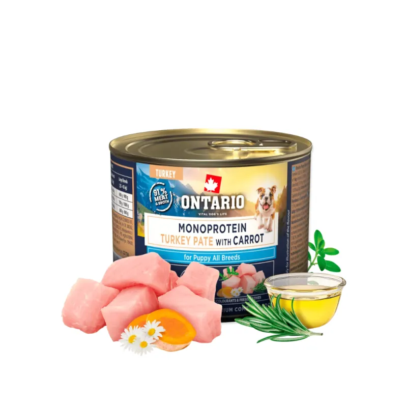 Ontario vieno baltymo konservai jauniems šuniukams su kalakutiena ir morkomis, 200 g