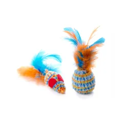Žaislas katėms pliušinė pelytė ir kamuoliukas su plunksnomis, 10-12 cm (2 vnt.)