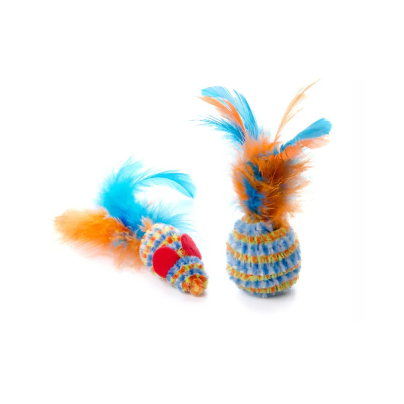 Žaislas katėms pliušinė pelytė ir kamuoliukas su plunksnomis, 10-12 cm (2 vnt.)