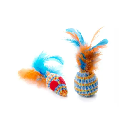 Žaislas katėms pliušinė pelytė ir kamuoliukas su plunksnomis, 10-12 cm (2 vnt.)