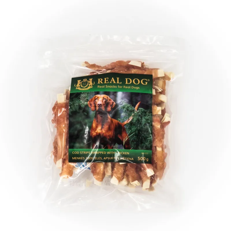 Real Dog SNACKS Menkės juostelės, apsuktos vištiena | AKVANAMAI
