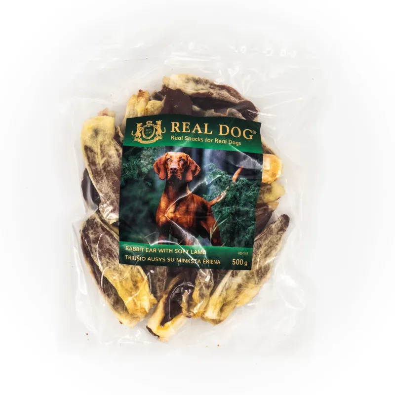 Real Dog SNACKS Triušio ausys su minkšta ėriena 500g | AKVANAMAI