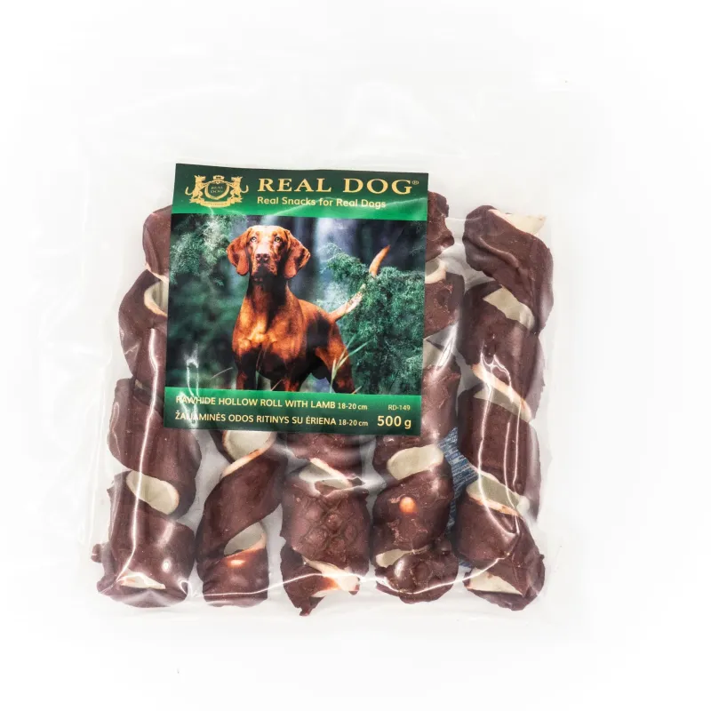 Real Dog SNACKS Žaliaminės odos ritinys su ėriena | AKVANAMAI