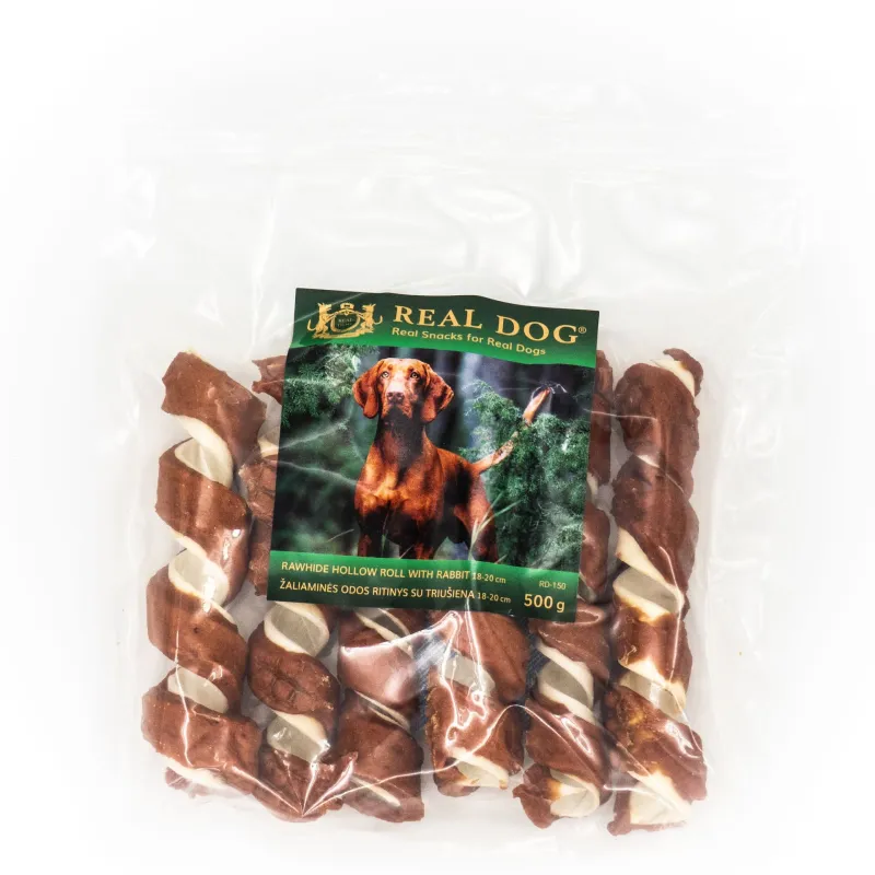 Real Dog SNACKS Žaliaminės odos ritinys su triušiena | AKVANAMAI
