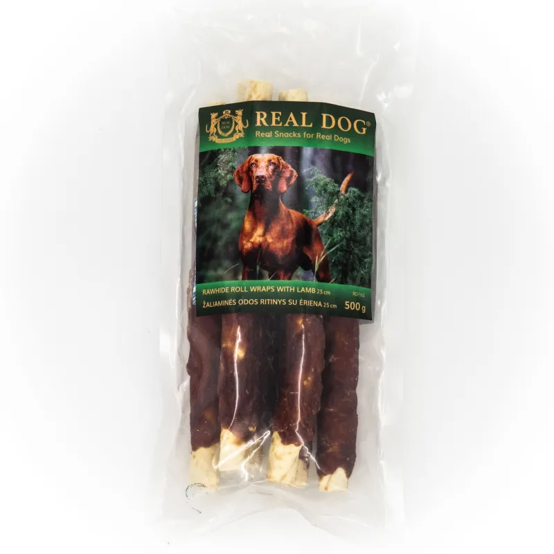 Real Dog SNACKS Žaliaminės odos ritinys su ėriena | AKVANAMAI