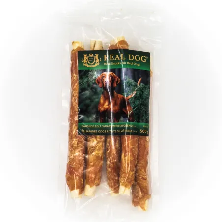 Real Dog SNACKS Žaliaminės odos ritinys su vištiena | AKVANAMAI