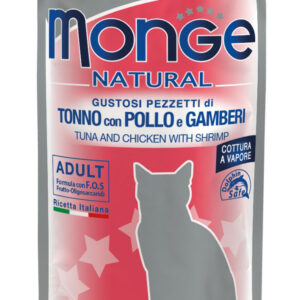 Monge Natural kons. pašaras suaugusioms katėms tuno ir vištienos kąsneliai su krevetėmis želėje 80g