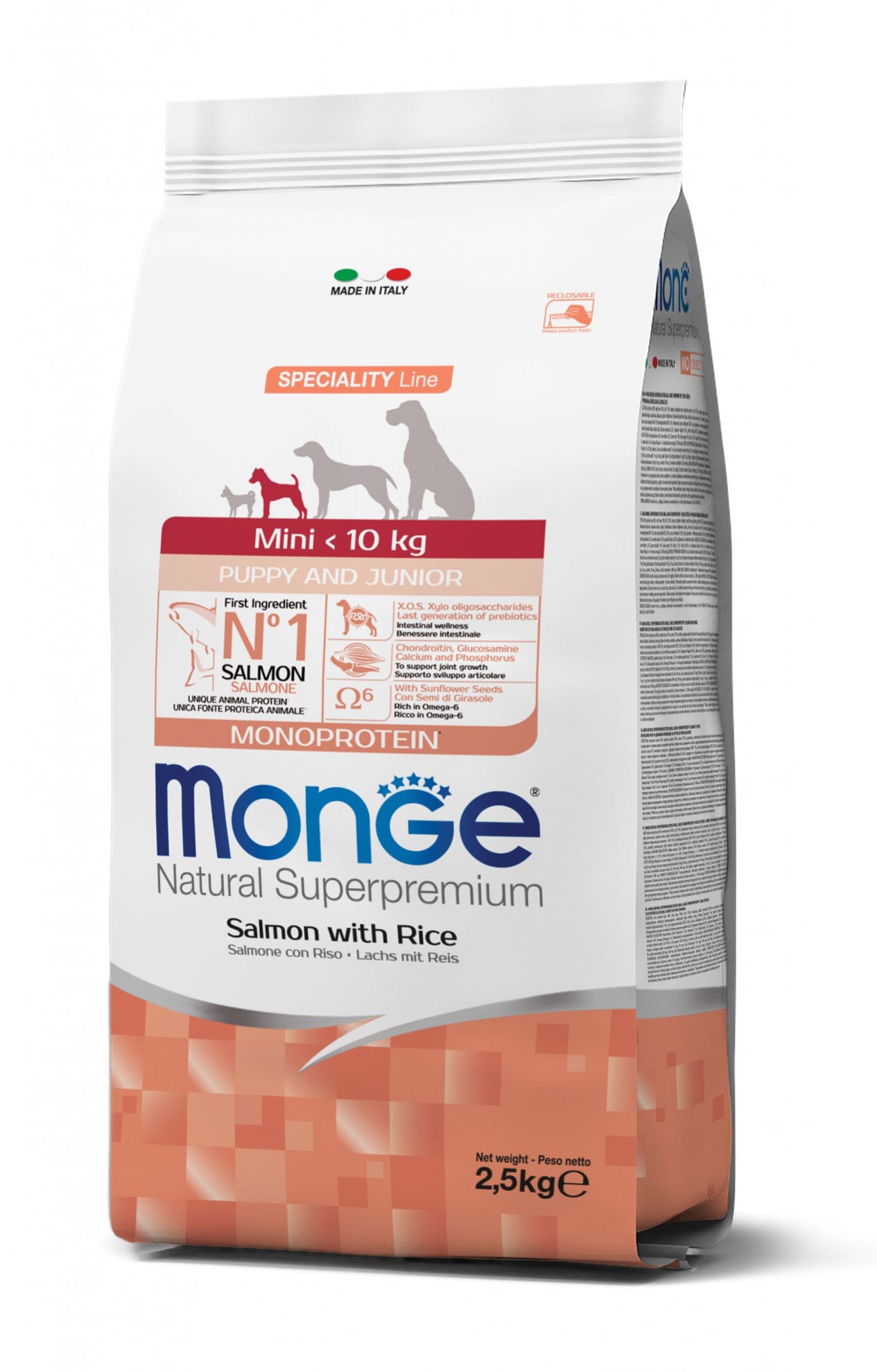 Monge spec.line monoprotein mini Puppy sausas pašaras mažų veislių jauniems šuniukams su lašiša ir ryžiais 2,5kg 1 Monge spec.line monoprotein mini Puppy sausas pašaras mažų veislių jauniems šuniukams su lašiša ir ryžiais 2,5kg