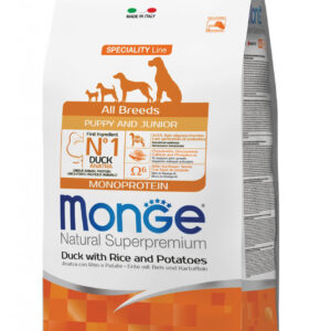 Monge spec. line monoprotein puppy sausas pašaras visų veislių jauniems šuniukams su antiena, ryžiais ir bulvėmis 2,5kg