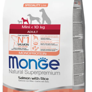 Monge mini adult sausas pašaras mažų veislių suaugusiems šunims su lašiša ir ryžiais 7,5kg