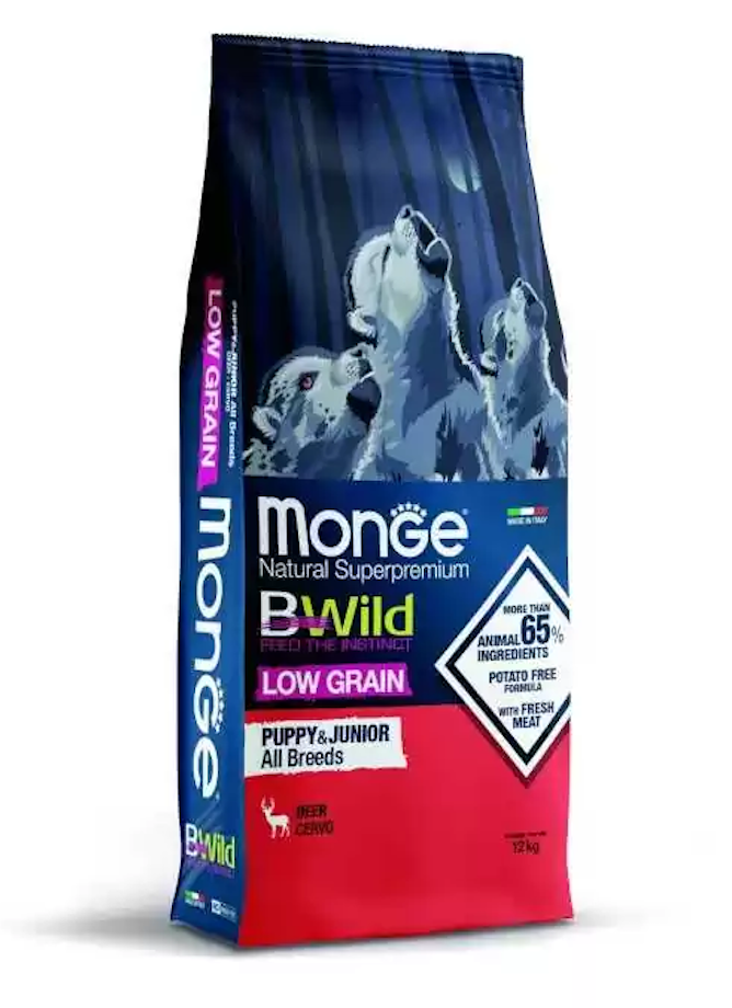 Monge BWILD All Breeds Puppy&Junior sausas pašaras šuniukams su elniena 12 kg