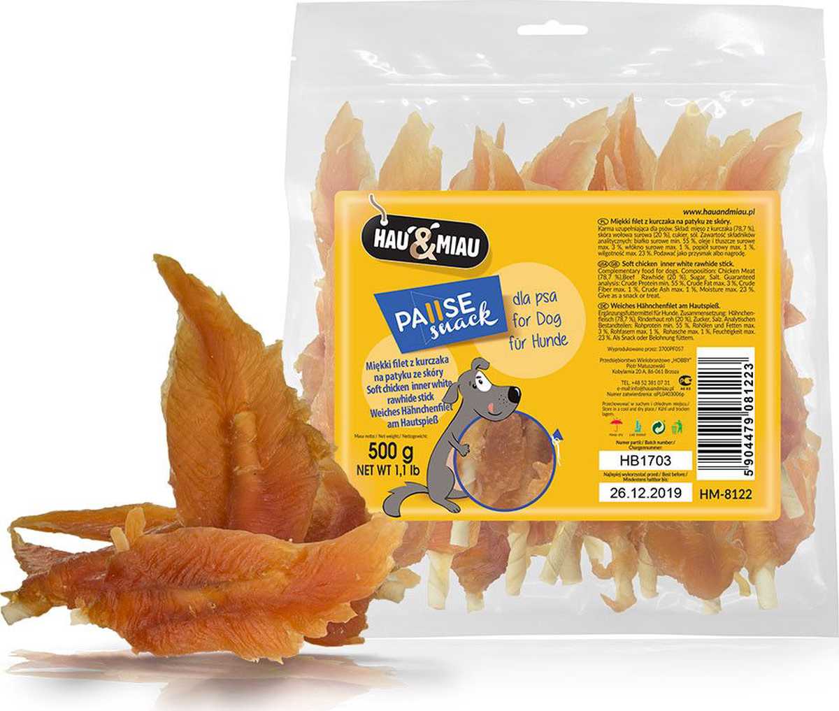 Hau&Miau Vištienos file ant baltų pagaliukų 500g 1 Hau&Miau Vištienos file ant baltų pagaliukų 500g