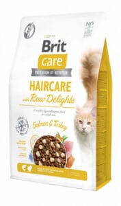 Brit Care Cat Haircare with Raw Delights sausas pašaras katėms 2 kg (galiojimas iki 2026.02.02)