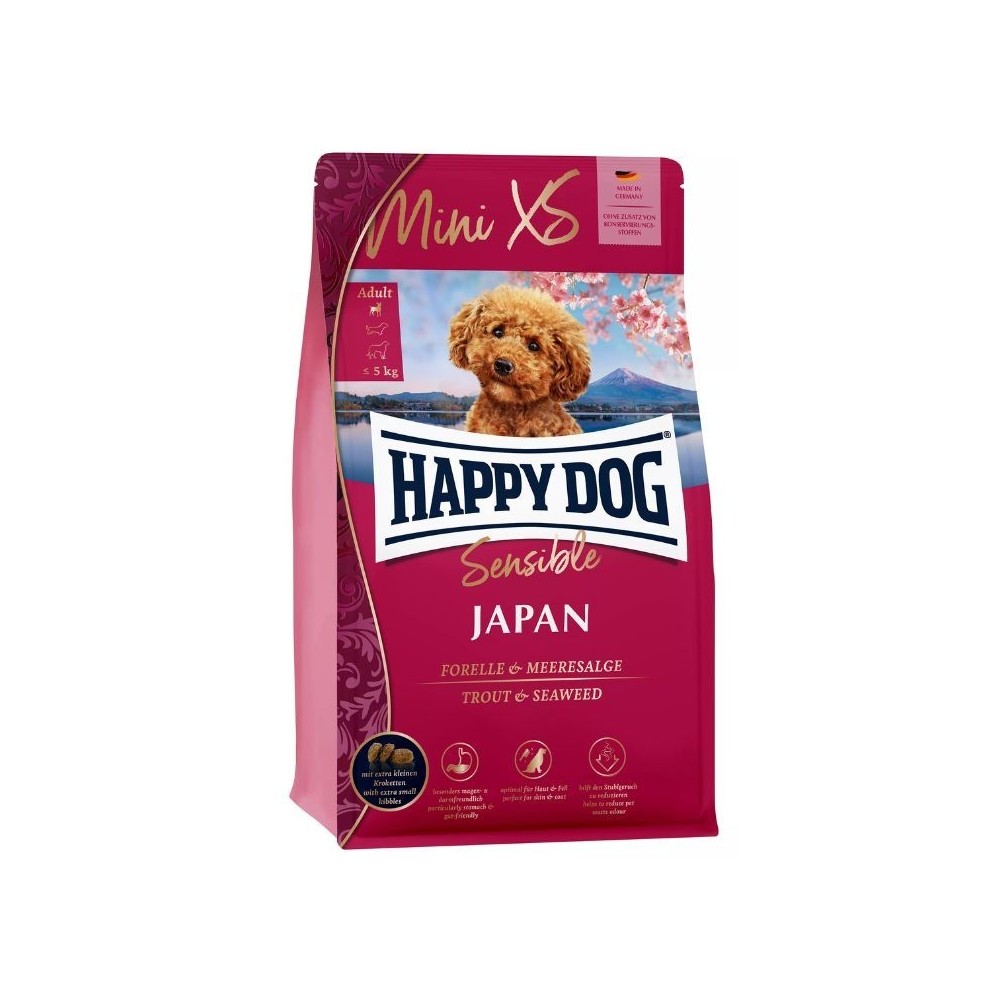Happy Dog XS Mini Japan visavertis pašaras mažų veislių suaugusiems šunims su upėtakiais ir jūrų dumbliais